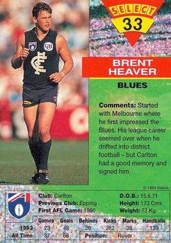 1994 Select AFL #33 Brent Heaver Back